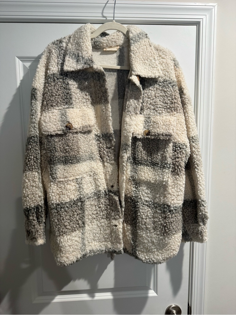 Altar'd State Cream & Gray Plaid Sherpa Button-Down